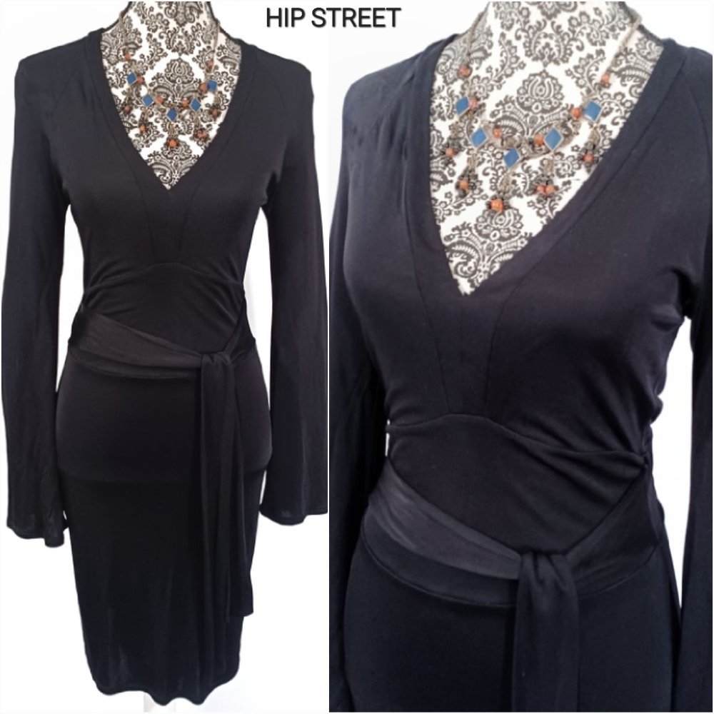 MODA INTERNATIONAL Rayon Jersey LS Waist Tie V Neck Slinky Dress S